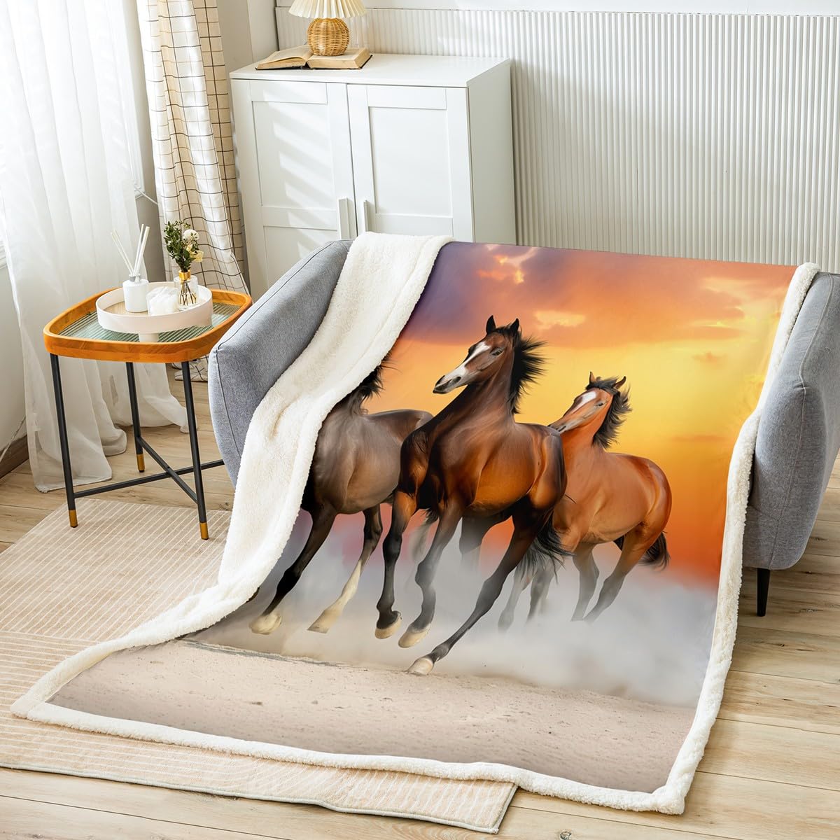 Horses Fleece Throw Blanket for Sofa Couch Bed - Galloping Horse Printed Warm Plush 3D Wild Animal Pattern Sherpa - Wildlife Style Decor Fuzzy Throw 50"x60"