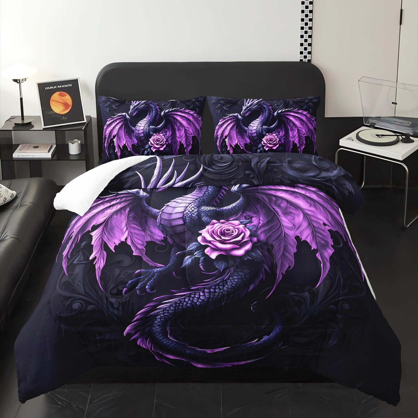 XYNHML Western Dark Purple Fantasy Dragon Comforter 3Pcs Twin Wild Animal Dragon Floral Bedding Set for Kid Teen Girl Boy Teen Adult Mysterious Pattern Quilt Bed Decor with 1 Comforter+2 Pillowcases