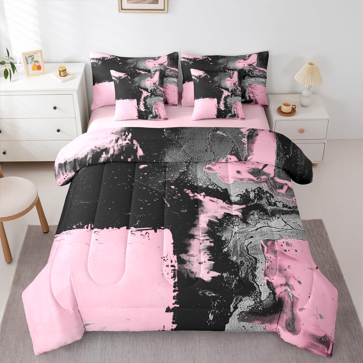 Feelyou Abstract Comforter Set King Size 7 Pieces Modern Abstract Art Bedding Set Luxury Bed in a Bag with Comforter, Sheets, Pillowcases, Cushion Covers Geometric Bedroom Decor Pink Balck