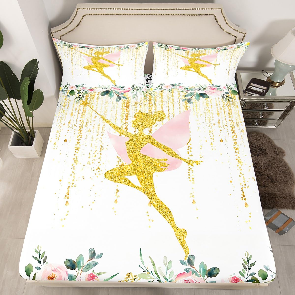 Erosebridal Fairy Garden Twin Bedding Set,Cute Pink Floral Fitted Sheet for Girls Kids,Dreamy Sweet Fairy Bed Set,Coquette Flower Girly Bed Sheets 2Pcs Room Decor (No Flat Sheet)