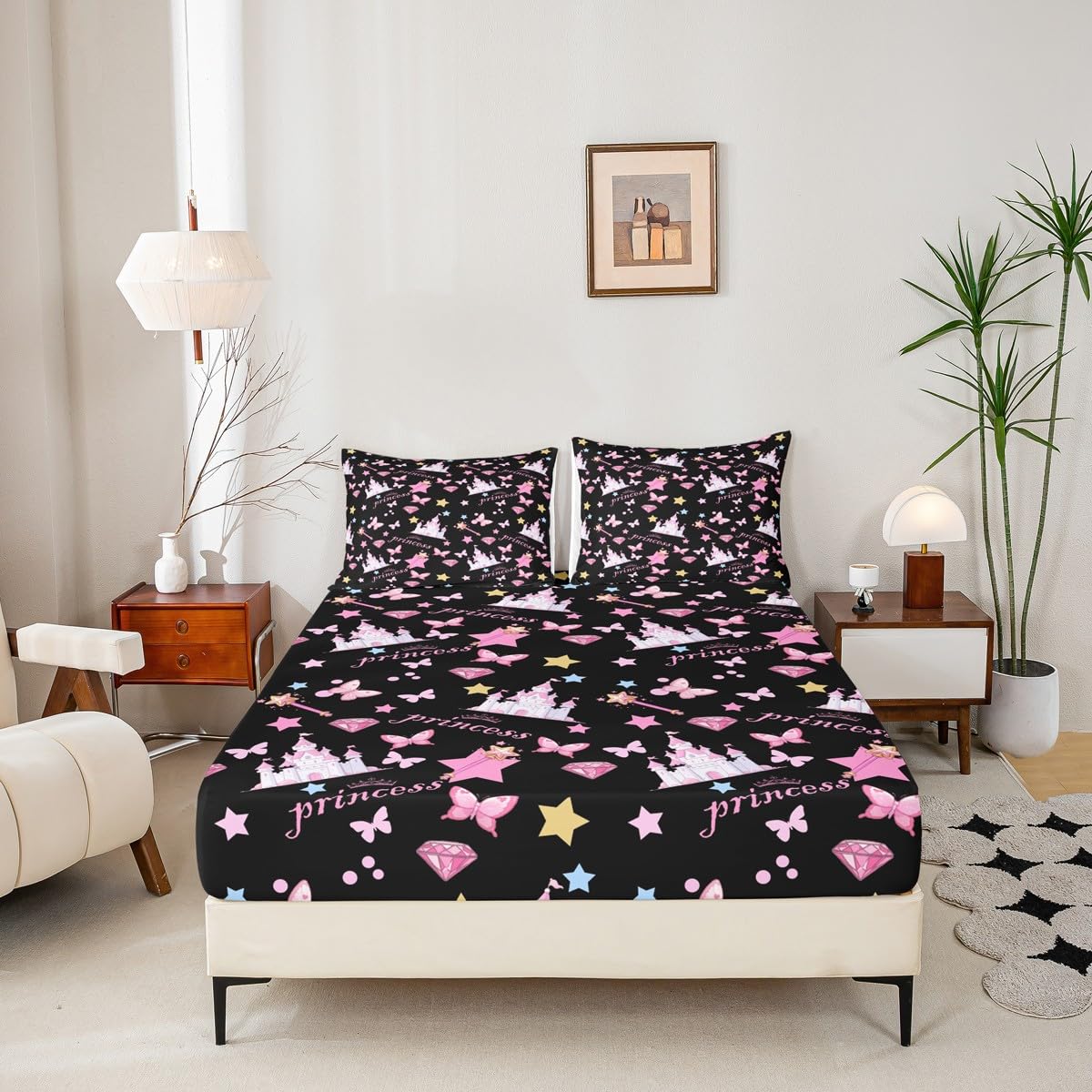 Feelyou Girls Princess Fitted Sheet with 1 Pillowcase Twin Size Cartoon Castle Bed Sheets Set 16" Deep Pocket Boys Girls Pink Butterfly Bedding Magic Teens Bedroom Decor
