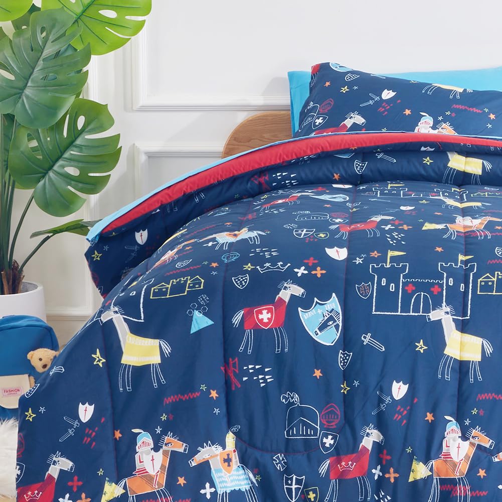Sleep Zone Kids Bedding Comforter Set Twin Size Super Cute Soft Kids Bed in a Bag 5 Pieces with Comforter, Sheet, Pillowcase and Sham, Knight‘s Tale