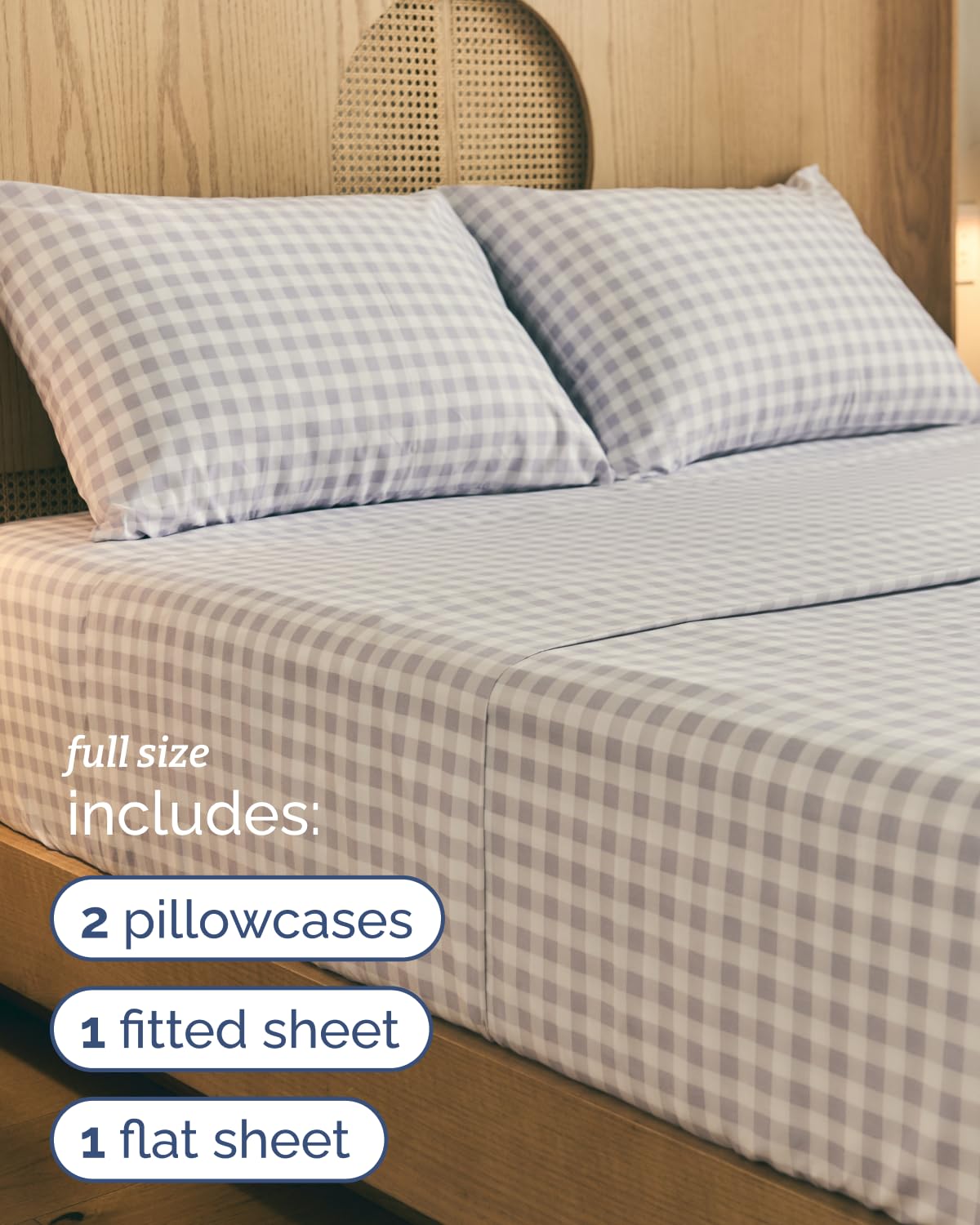 Grey Gingham Sheets - 1 Flat & 1 Fitted Sheet & 2 Pillowcases w/ Deep Pockets - Grid, Plaid, Checkered Pattern Bed Set - Wrinkle & Fade Resistant - Ultra-Soft, Breathable and Cooling - Full Size