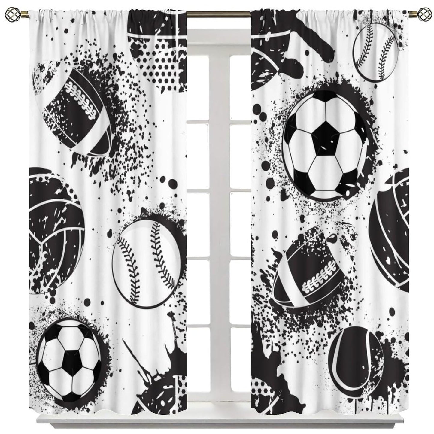 Sports Themed Curtains for Boys Abstract Basketball Football Black White Grunge Window Treatments for Teens Girls Bedroom Living Room Décor Drapes 2 Panel Sets Total Size 42" x 45"