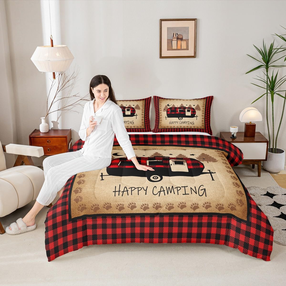 Erosebridal Camping Accessories Comforter Set Retro Farmhouse Bedding King, Black and Red Bedding Comforter Sets Lattice Checked Duvet Set, Kawaii Camper Quilted Comforter Super Cozy 3pcs