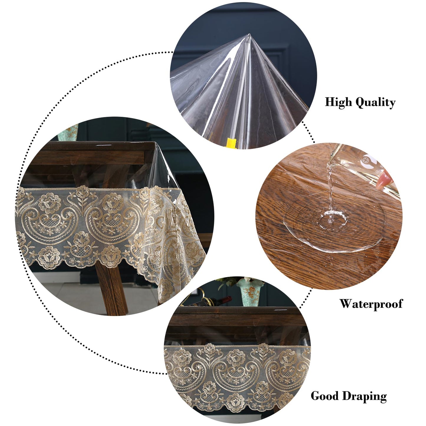 Clear Plastic Rectangle Tablecloth Vinyl Waterproof Table Cloth Embroidered Lace Edge Transparent Table Cover for Dining Kitchen Outdoor(52 x 70 inch, Coffee Style 1)