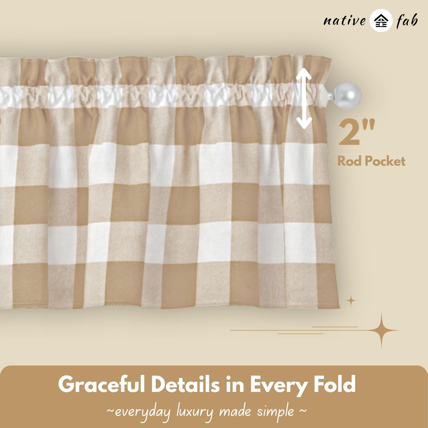 Native Fab Beige Buffalo Check Window Curtains, 3 Piece Cotton Tier and Valance Set, 2 Tiers 26x36 Inch and Valance 54x18 Inch, Rod Pocket Curtains for Living Room, Bedroom, Kitchen, Beige White