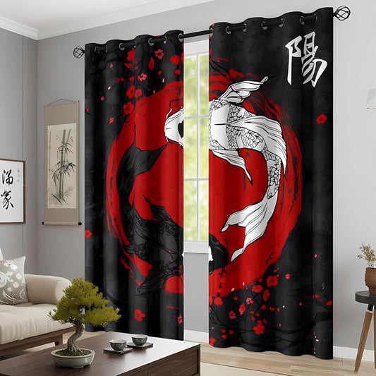 Sanzugh Japanese Anime Blackout Curtains 84 Inch Long 2 Panels Set, Cool Black and Red Yin Yang Black Out Patterned Printed Window Curtain for Men Boys Bedroom Living Room, Grommet Window Drapes