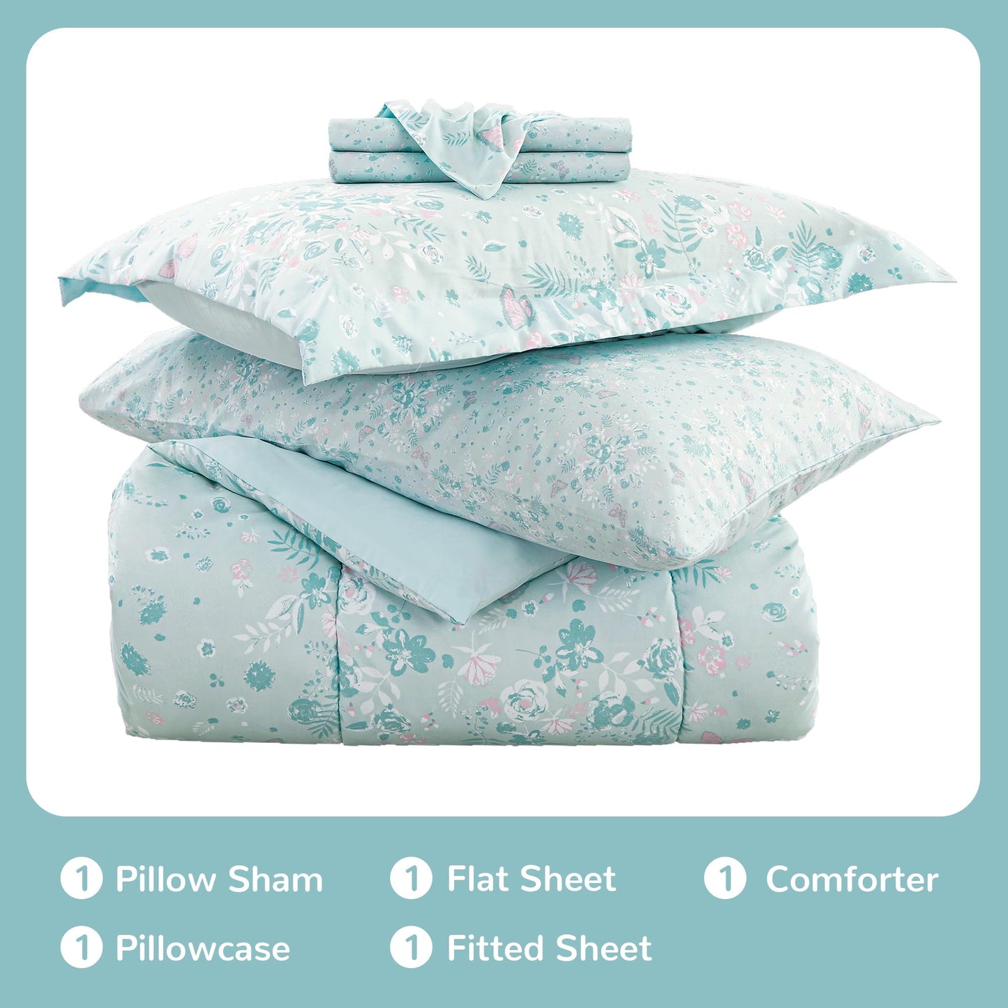 Viviland Kids Twin Bedding Sets for Girls, Soft Twin Comforter Set with Sheets, 5 Pieces Microfiber Bed in a Bag, Green Butterfly
