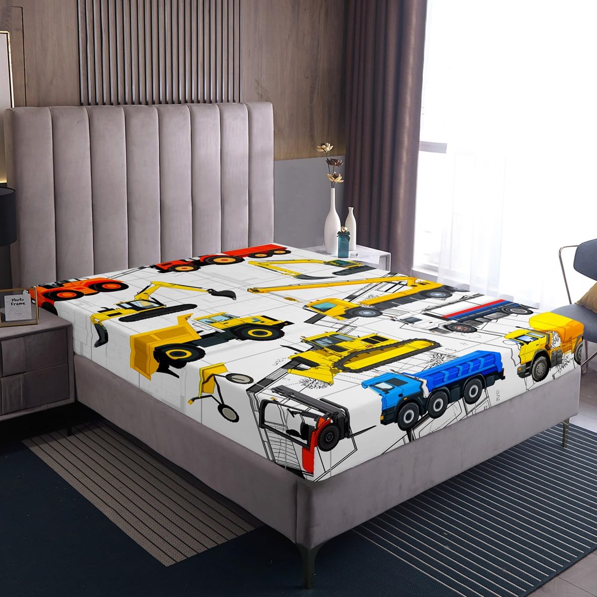 Erosebridal Excavator Bedding Sets Dump Truck Fitted Sheet Twin Size, Cartoom Vehicles Construction Bed Sheet for Boys Teens Child, Kids Car Theme Bedroom Decor Yellow Red Blue