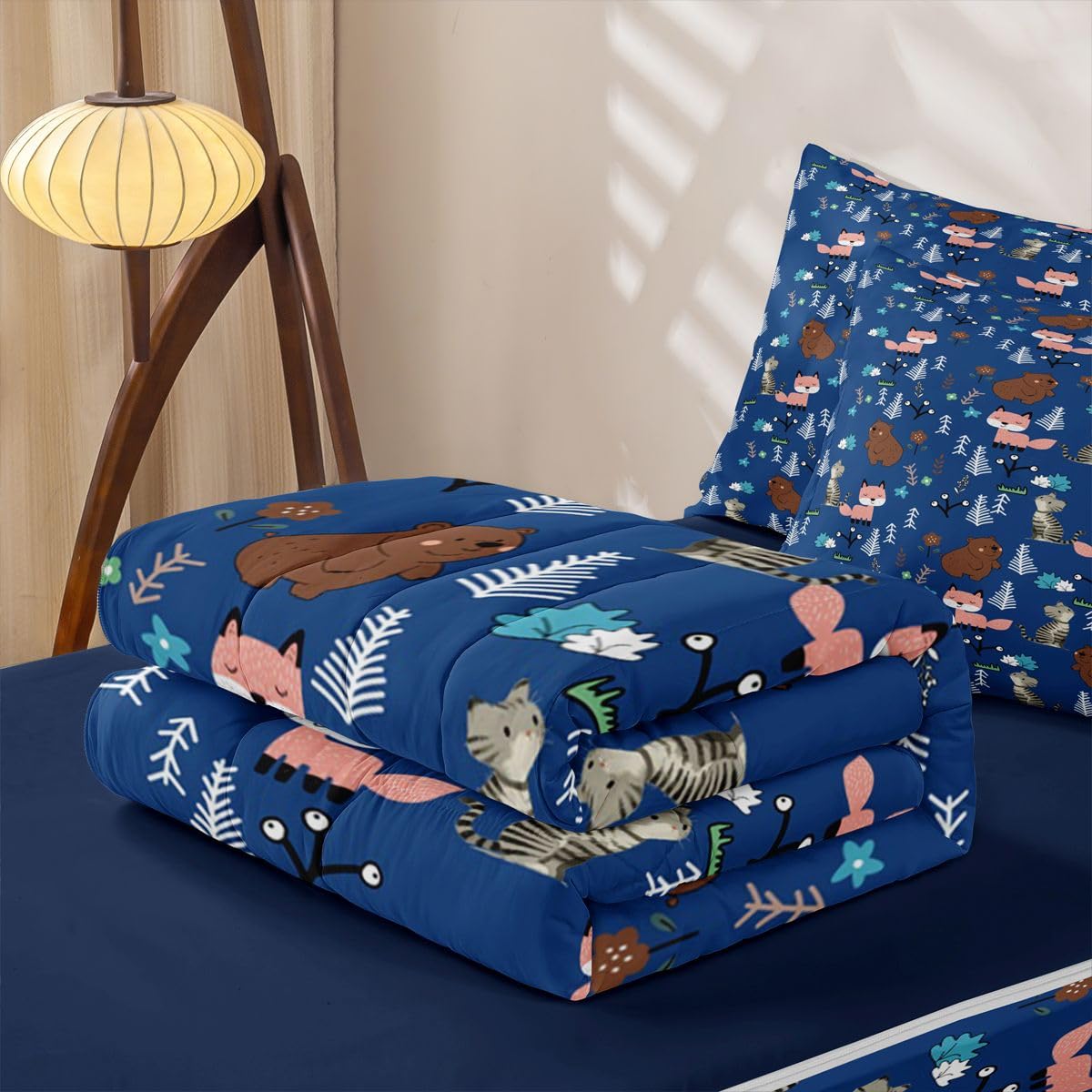 Erosebridal Boys Blue Bear Kids Zipper Bedding Set Twin Cartoon Animal Zip Up Comforter Set with Sheets for Child Nursery Fox and Cat Wild Animals Bed in a Bag Woodland Animals Wildlife Bed Sets