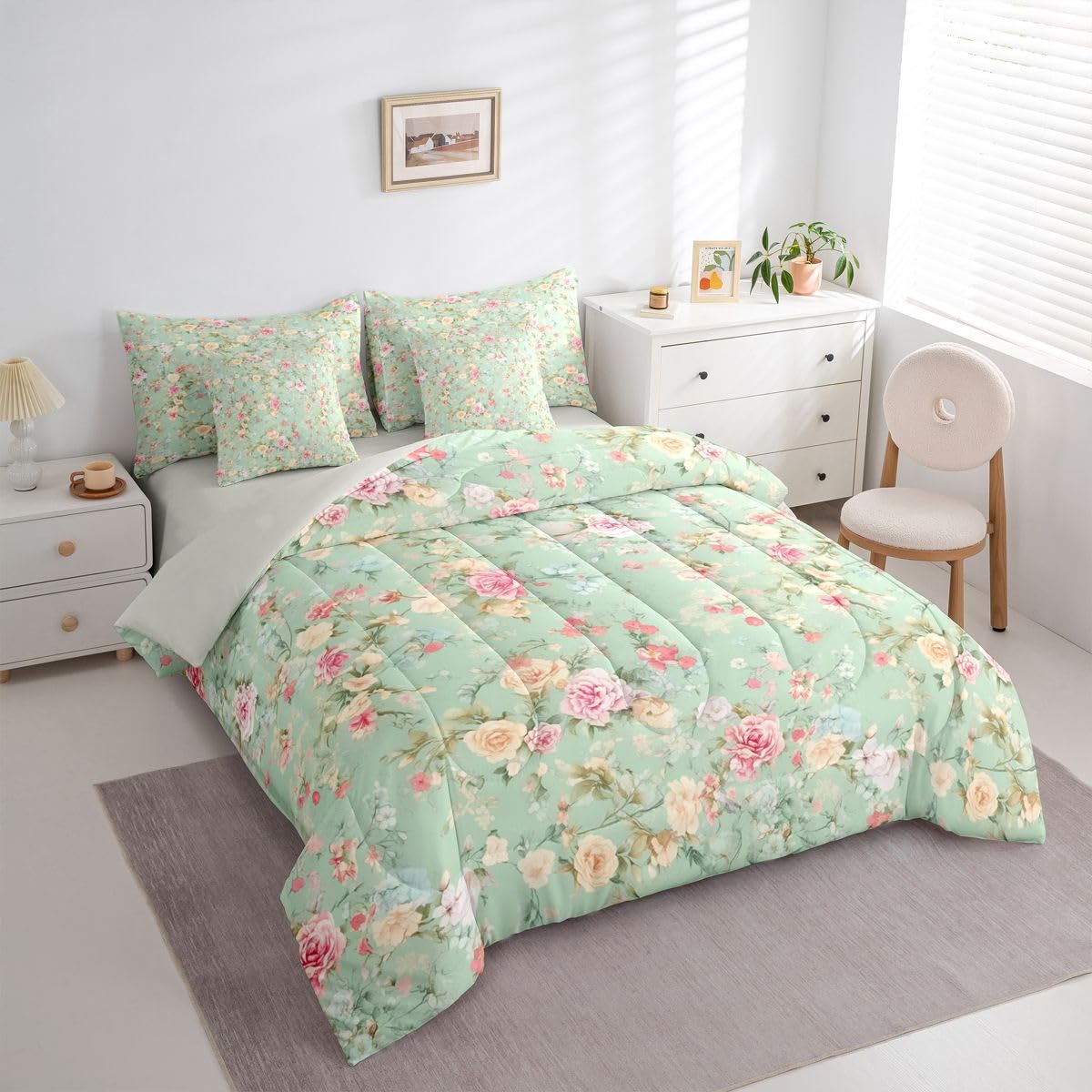 Erosebridal Rose 7 Piece Bedding Set Queen Flower Comforter Set with Sheets Yellow Pink Rose Branch Pretty Bed in a Bag Ink Painting Flowers Plants for Kids Boys Girls