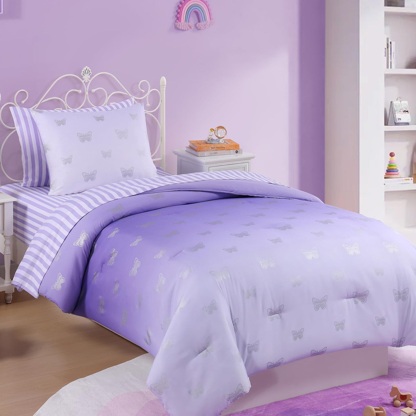 Wink Deer Twin Comforter Set with Sheets for Girls-5 Pieces Twin Bedding Sets with with Purple White Gradient Ombre Comforter, Sheets, Pillowcases & Shams for Kids (Silver Butterfly, 66" X 86")