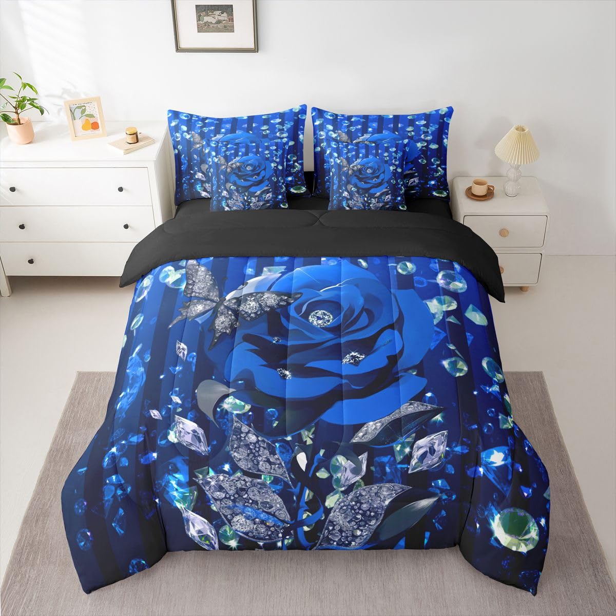 Erosebridal Blue Rose Floral Queen Bedding Set 7 Piece Romantic Valentine Bed in A Bag with Sheets Stripes Diamond Butterflies Comforter Set for Women Men Adults,Lovers Modern Fashion Bed Sets