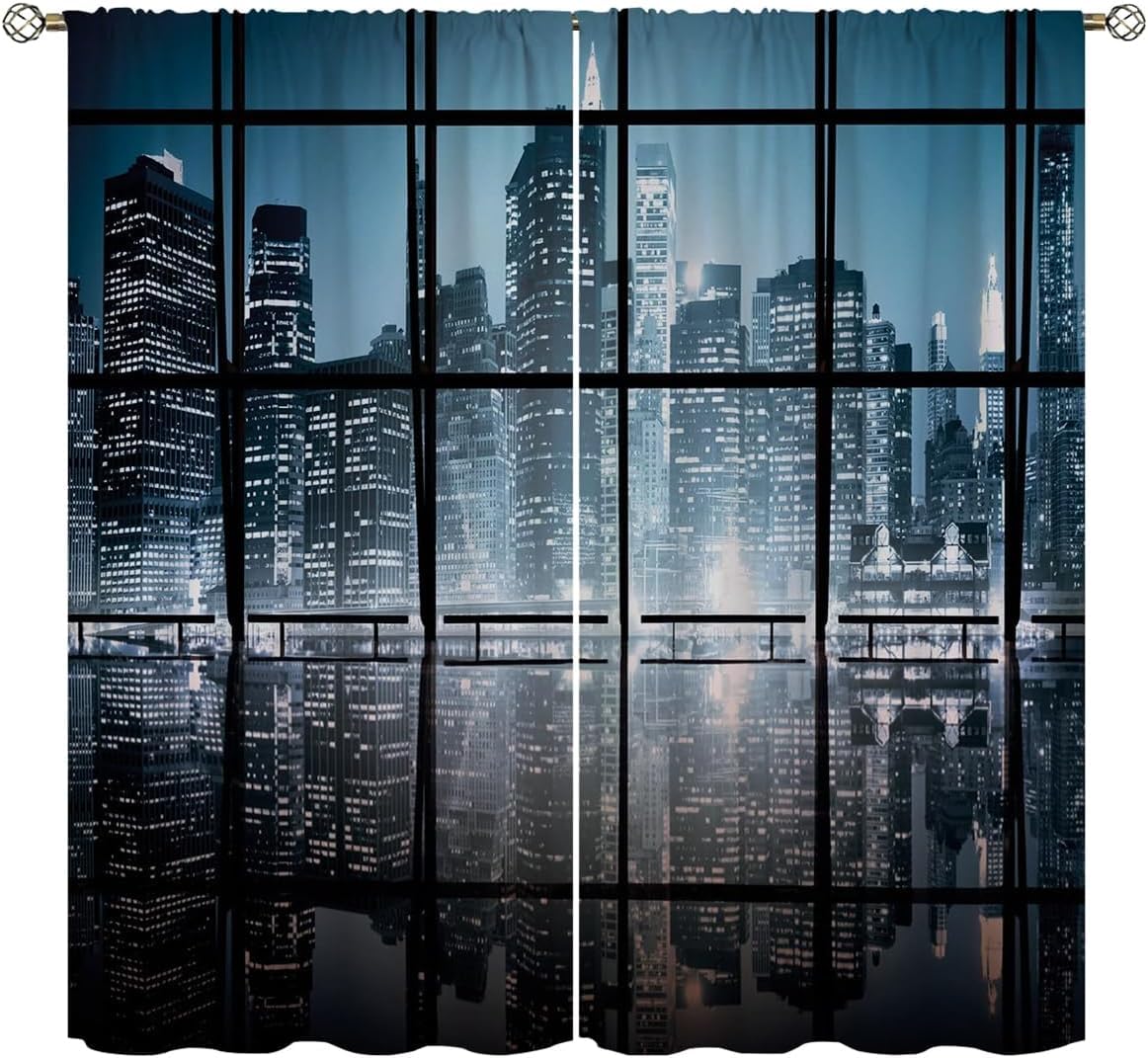 City Blackout Curtains for Home Decor,NY City Scenery at Night with Skyscrapers Buildings Rod Pocket Thermal Insulated Drapes Darkening Window Curtain for Girls Boy Bedroom Living Room 55 x 63 Inch