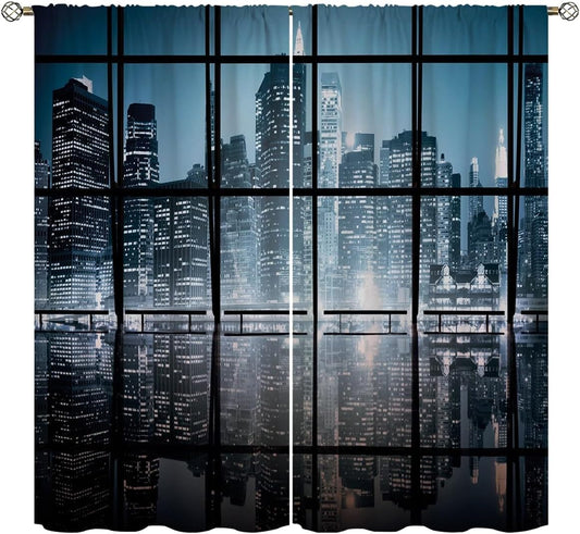 City Blackout Curtains for Home Decor,NY City Scenery at Night with Skyscrapers Buildings Rod Pocket Thermal Insulated Drapes Darkening Window Curtain for Girls Boy Bedroom Living Room 55 x 63 Inch