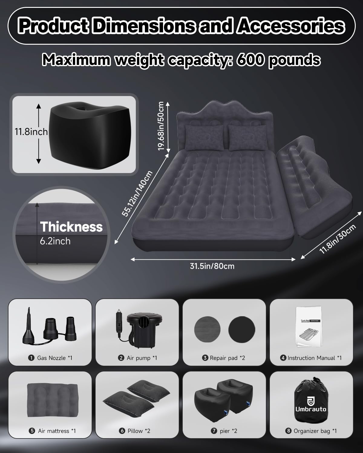 Umbrauto Car Air Mattress Bed: Inflatable SUV Camping Sleeping Pad for Truck Back Seat with Pump & Pillows, Blow Up Backseat Car Mattress for Van Rear Seat