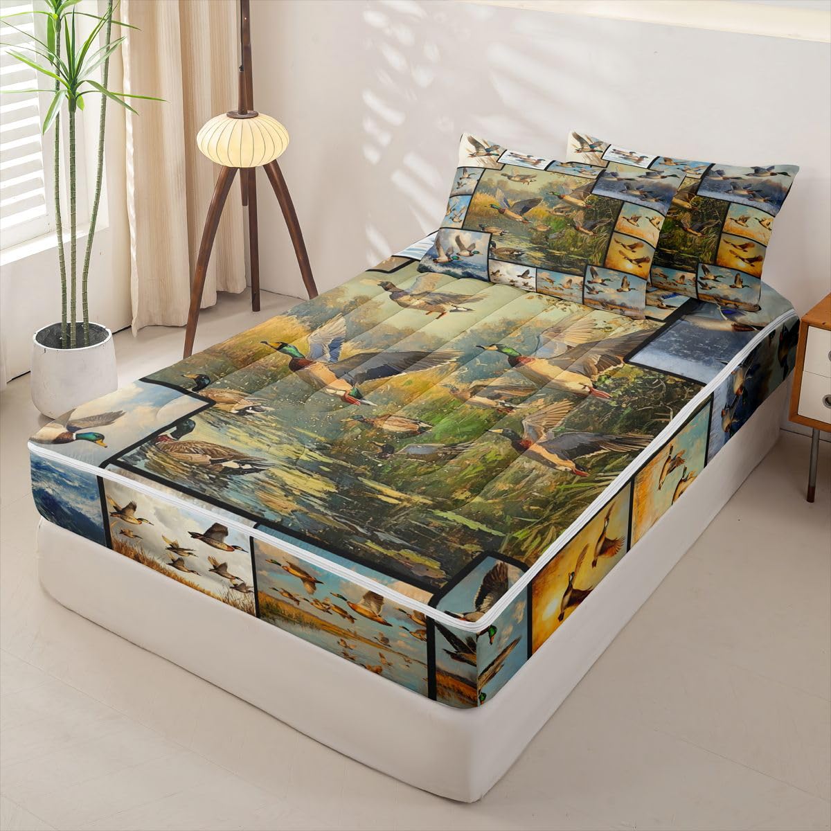Feelyou Mallard Duck Zipper Bedding Hunting Animal Duck Comforter Set for Kids Boys Girls Queen Size Rustic Farmhouse Zippered Kids Bedding Set Ultra Soft Bed in a Bag