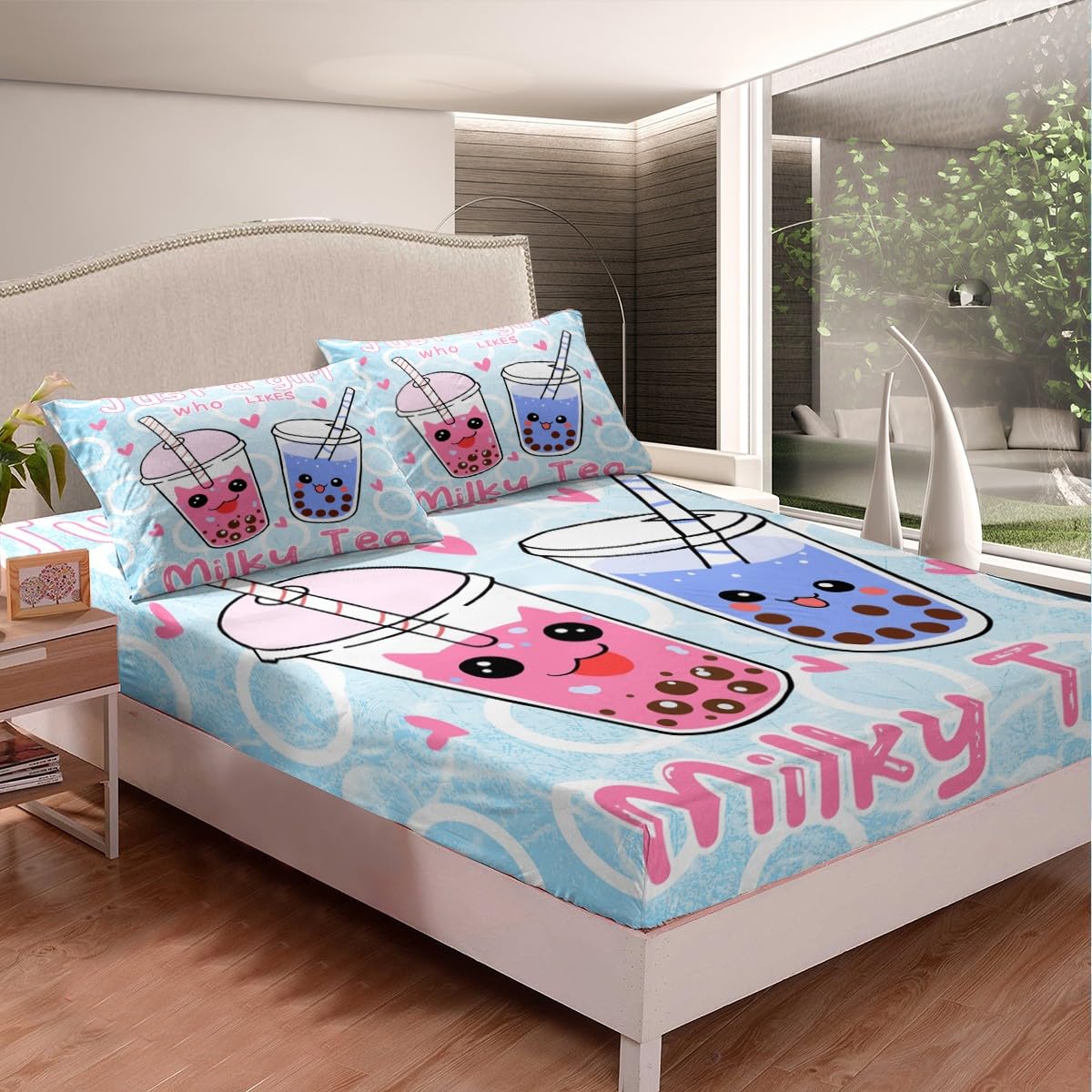 Boba Bed Sheet Set Girl Loves Boba Bedding Set Kawaii Bubble Tea Stuffed Fitted Sheet for Kids Adults Cartoon Boba Bed Cover Full Size Bed Set