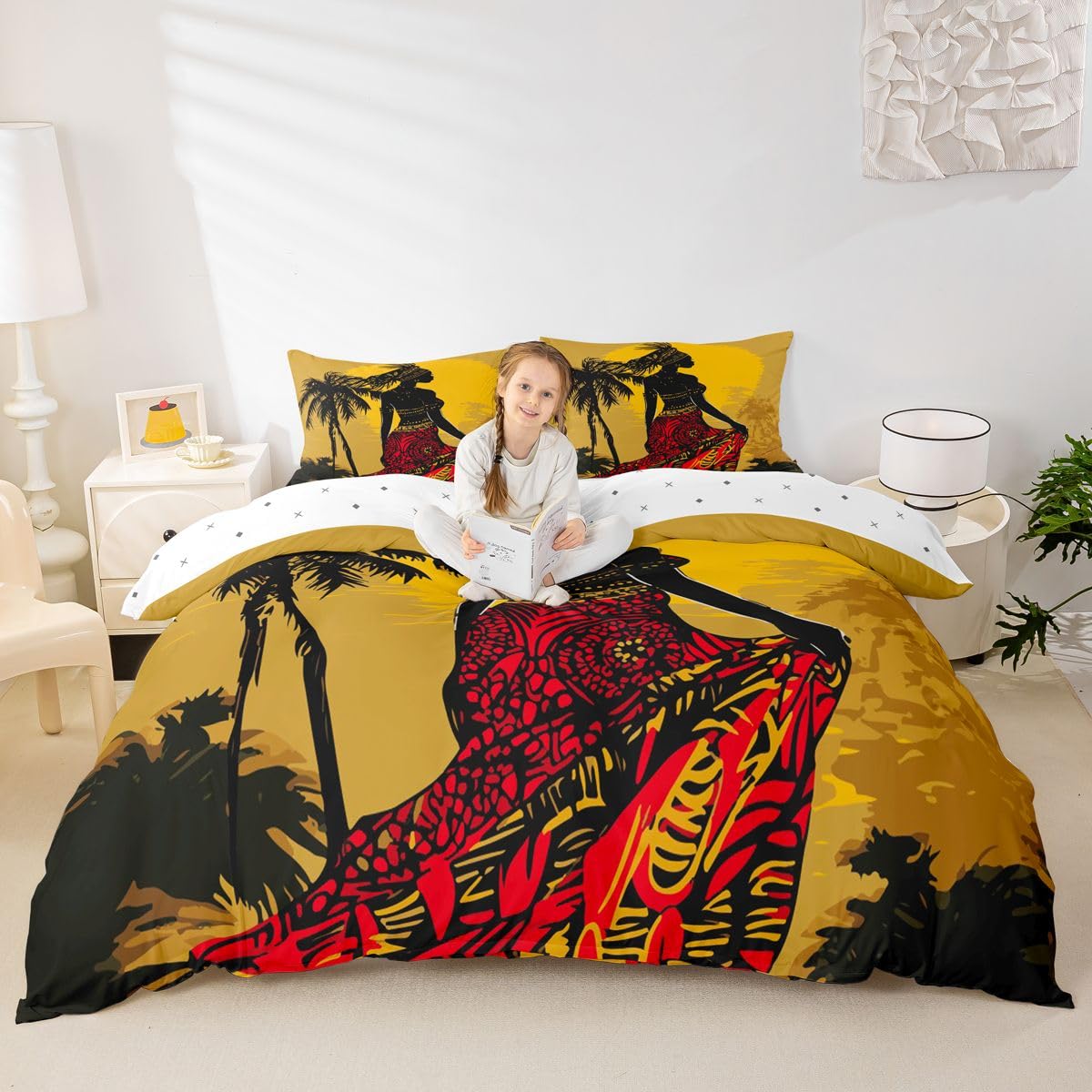 Feelyou African Woman Themed Bedding Set African Pattern Duvet Cover for Girls Women Adults Palm Tree Print Comforter Cover Ethnic Afro Style Bedspread Cover Bedroom Decor Quilt Cover 2Pcs Twin Size