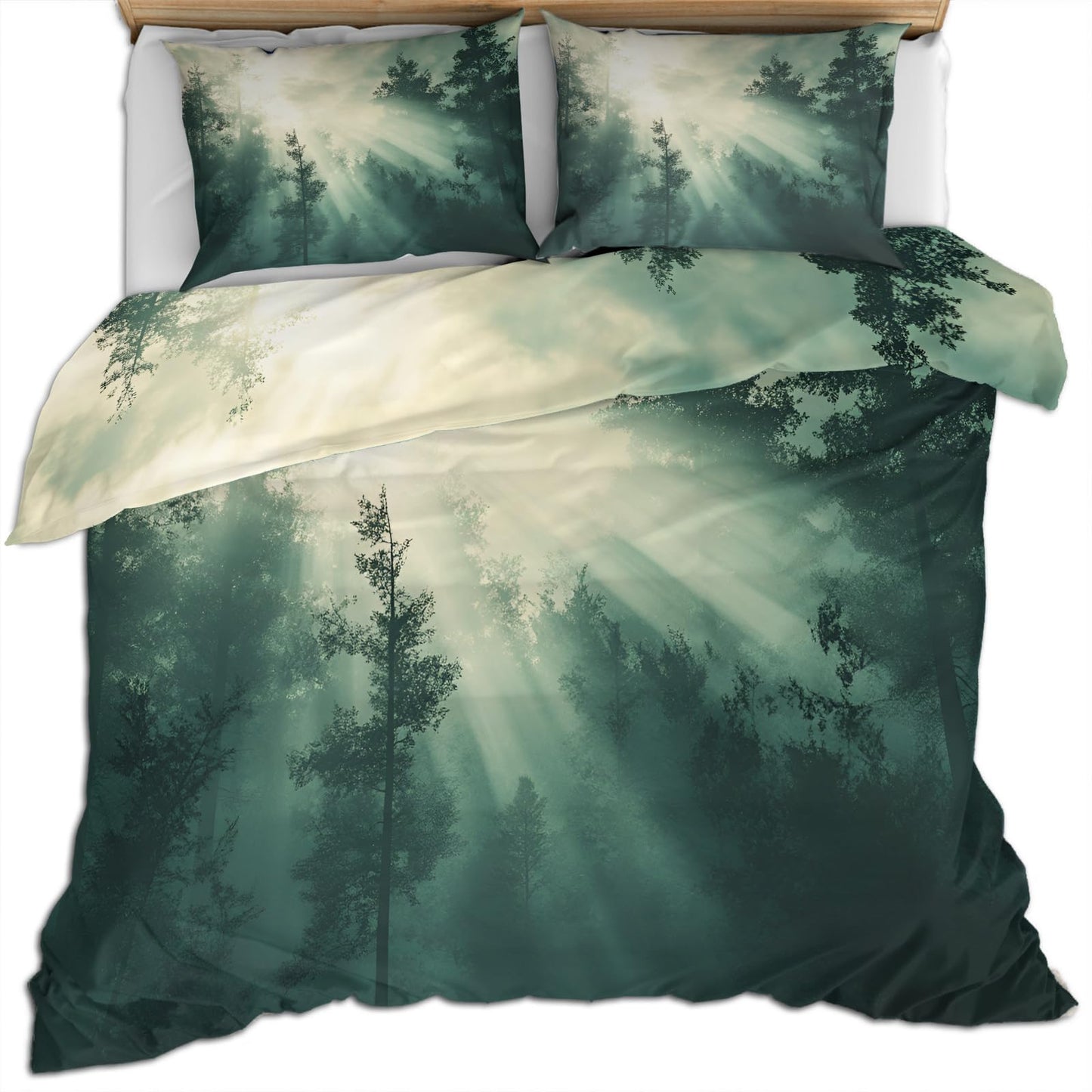 PAISUOQ Misty Forest Duvet Cover King, Fir Trees Comforter Cover with Zipper Ties, Natural Landscape Bedding Set, 3 Pieces with 2 Pillow Cases, Home Decor & Gifts