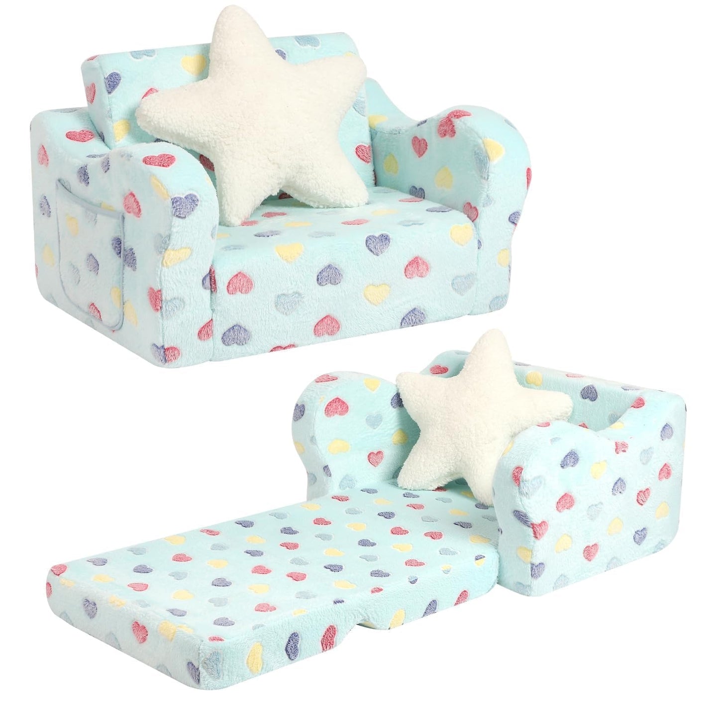 MOMCAYWEX Toddler Couch, 2-in-1 Kids Soft Couch Fold Out with Star Pillow, Foldable Sofa to Lounger, Medium, Colorful Heart