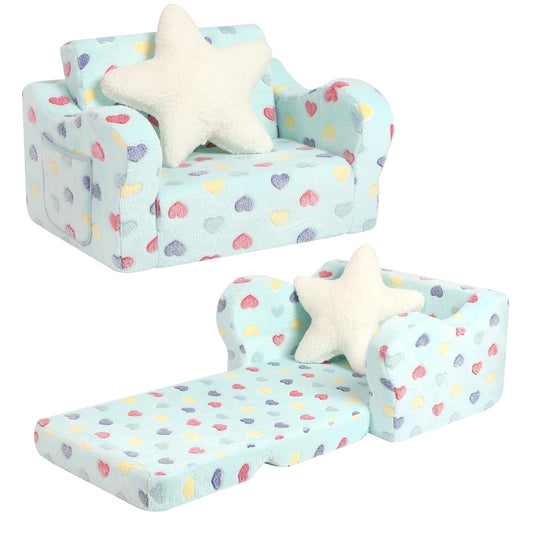 MOMCAYWEX Toddler Couch, 2-in-1 Kids Soft Couch Fold Out with Star Pillow, Foldable Sofa to Lounger, Medium, Colorful Heart