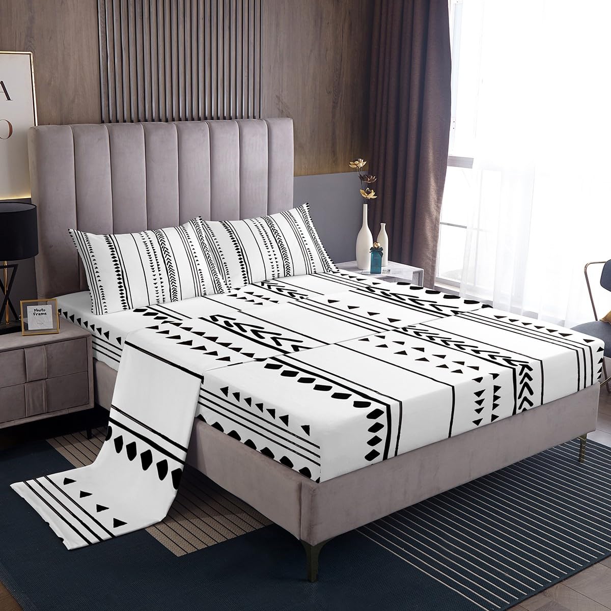 Erosebridal Boho Aztec Fitted Sheet King Size,Bohemian Geometric Stripe Bedding Sets for Kids Teens Adults,Black Simple Bed Sheet Set Soft Microfiber Sheet Set 3 Piece for Bedroom White