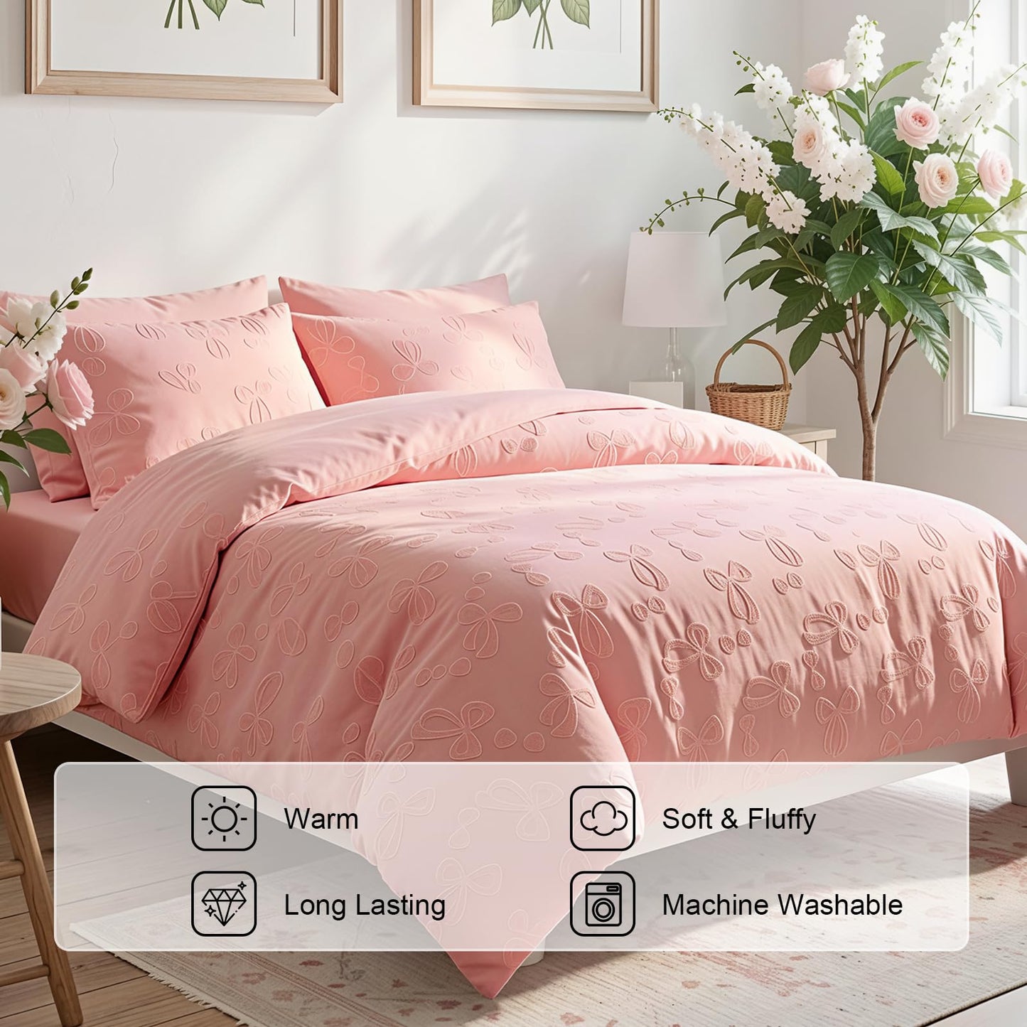 Jameswish 7 Pieces Bow Comforter Set for Girls Kids Pink Tufted Boho Bedding Set Queen Size Farmhouse Bed in A Bag as Gifts (1 Comforter, 1 Flat Sheet, 1 Fitted Sheet, 2 Pillowcase and 2 Pillow Sham)
