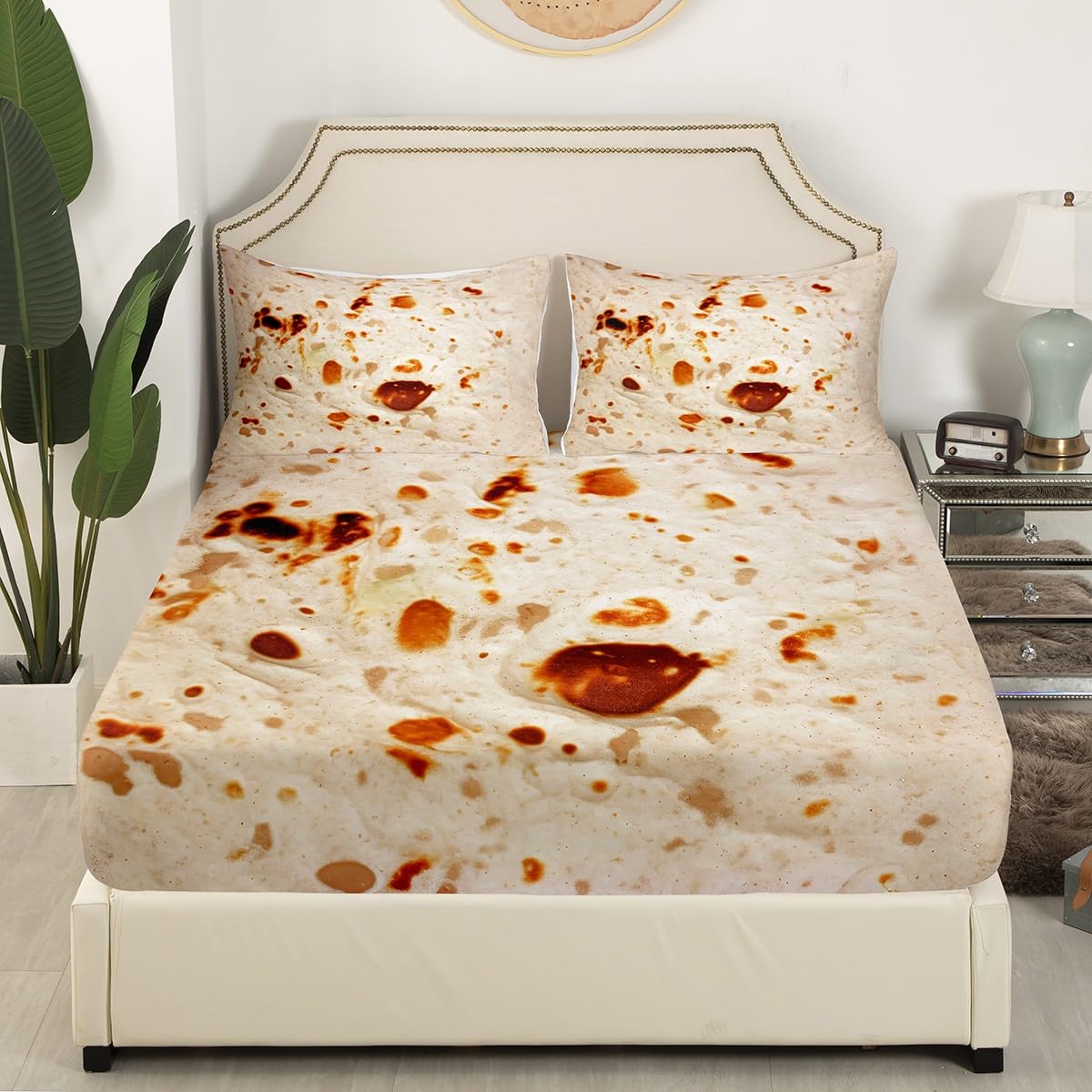 Feelyou Burritos Tortilla Bedding Set for Adult and Kids Ultra Soft Giant Funny Realistic Food Bed Sheet Set Set Breathable Novelty Soft Flannel Taco Fitted Sheet Queen Size 3Pcs