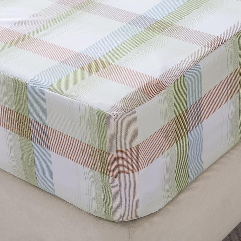 NATURETY Bedding Fitted Sheet with Deep Pocket,Modern Design Light Green Linellae Pattern Printed Fabric Bed Sheets (Green Checkered, Twin)