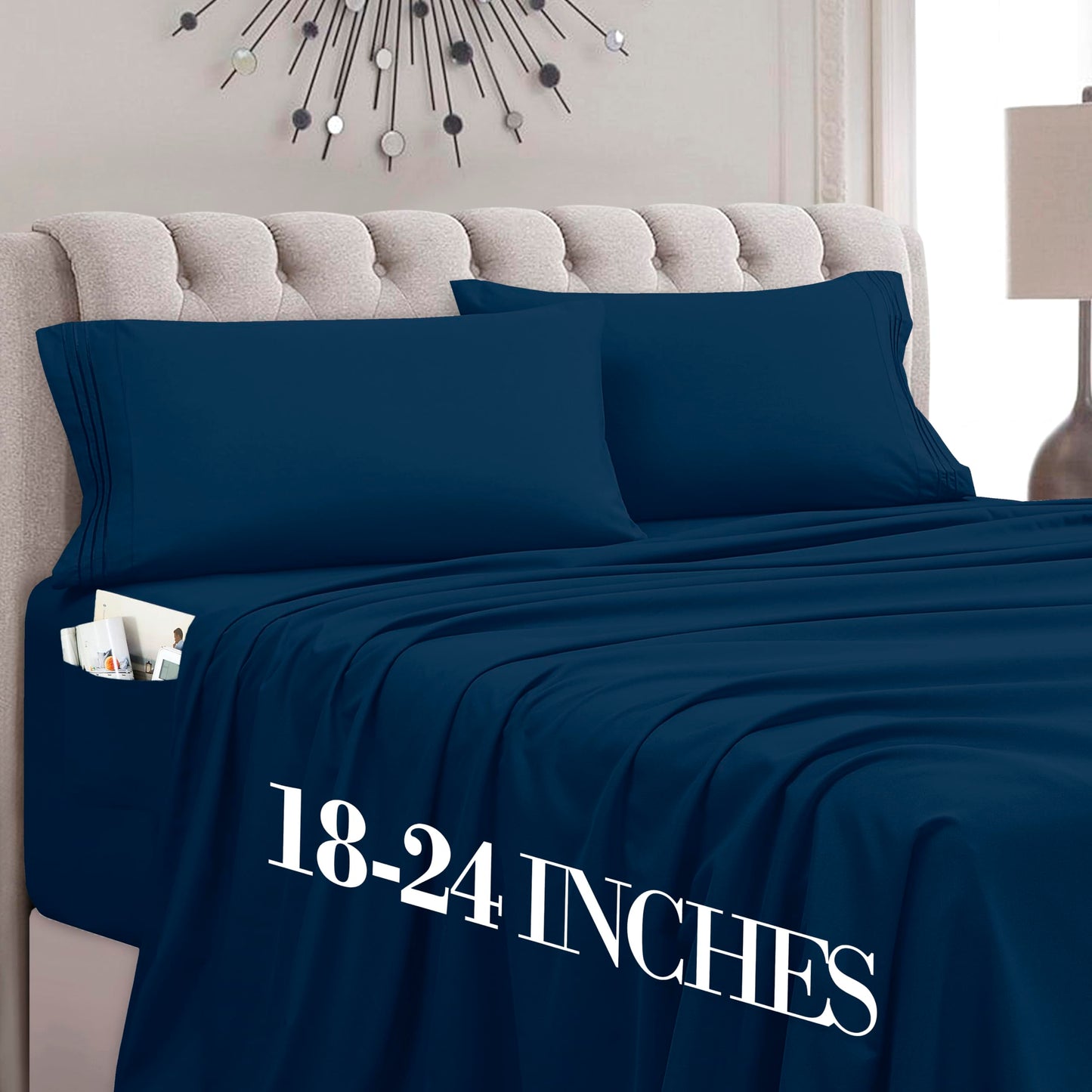 Mocassi Full Size 4-Piece Bed Sheet Set - 1800 Premium Hotel Quality Microfiber 18-24 Inches Extra Deep Pocket Fitted Sheet- Luxury Soft, Breathable, Wrinkle, and Fade Resistant, Navy Blue