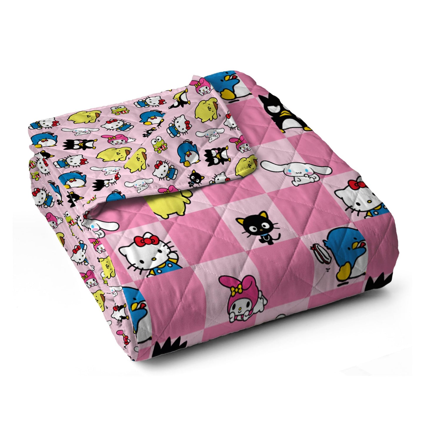 Northwest Hello Kitty & Friends Reversible Quilted Throw, Kawaii Checkered Pattern, Comfy Throw, for Anime Fans, Game Room, Chair or Couch, 60 x 80 Inches