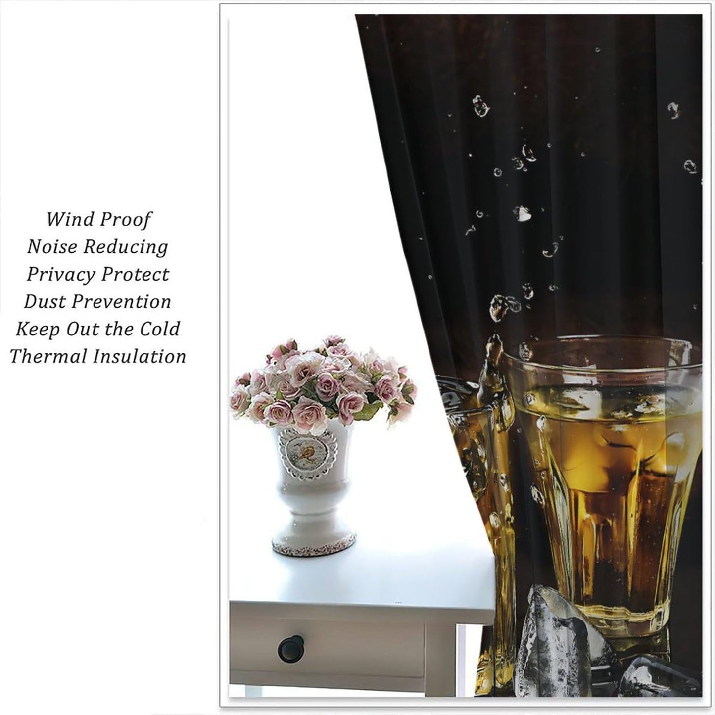 Fblifil Wine Curtains,Happy Alcoholic Wine Glasses Ice Cubes Printed Rod Pocket Window Treatments for Women Men Living Room Bedroom Cafe Kitchen Bar Decor 42" W X 45" L