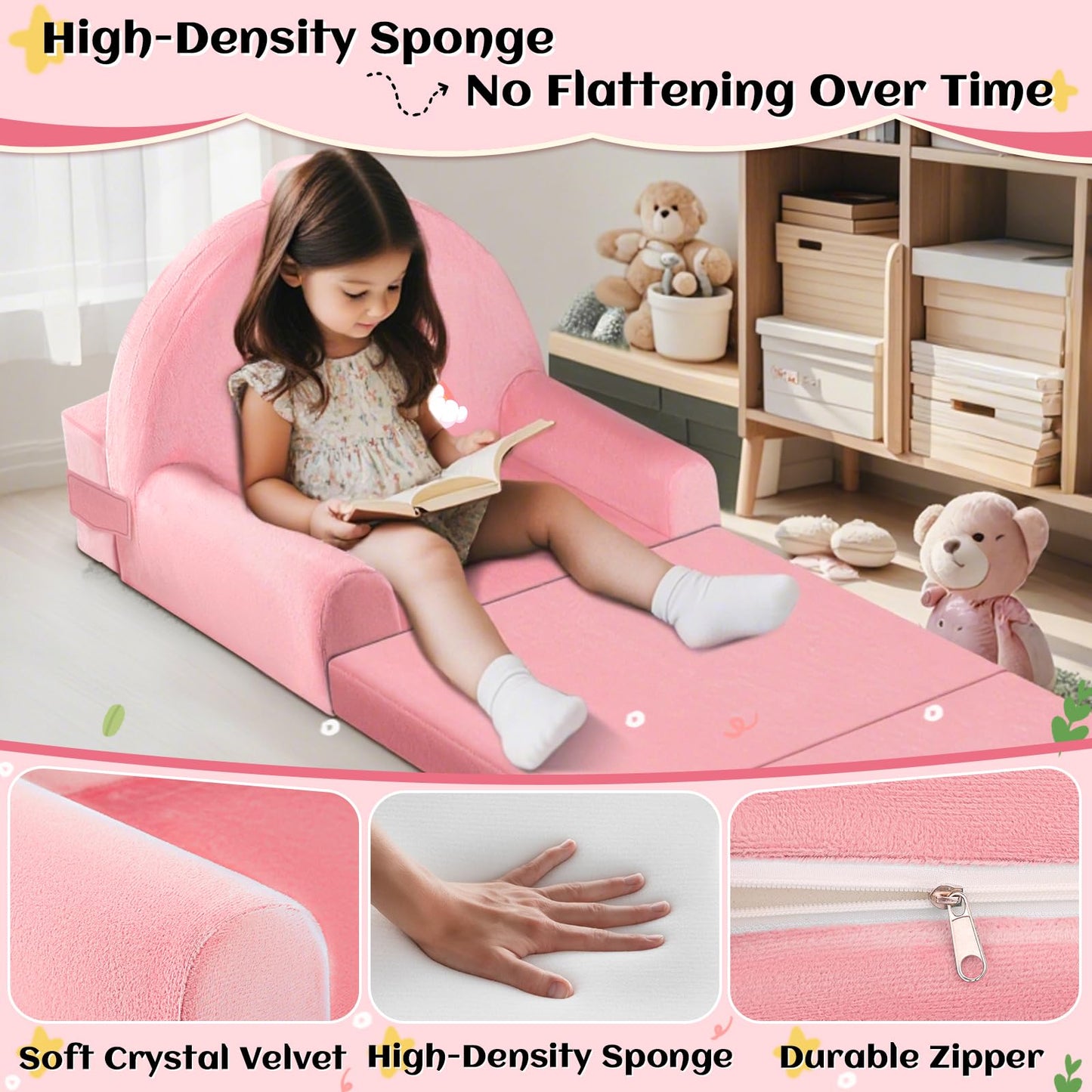 ORWIPO Unicorn Kids Sofa Bed with Removable Washable Cover & Hook and Loop Backrest – Foldable Toddler Chair, Cozy Crystal Velvet Furniture for Playtime, Naps & Travel (Pink, Unicorn Design)