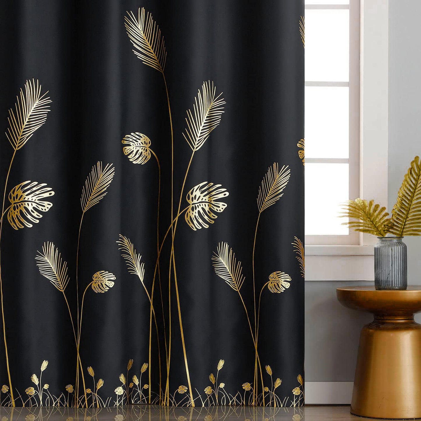 Estelar Textiler Black Blackout Curtains for Bedroom 84 Inches Long, Room Darkening Grommet Thermal Insulated Curtains for Living Room, Light Blocking Drapes with Gold Print Design,52Wx84L,2 Panels