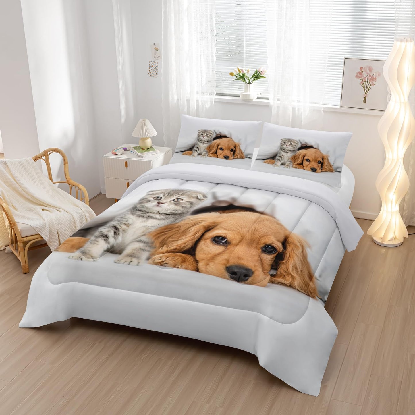 Nttopship Kids Cute 3D Dog Comforter Set 3 Piece Cat and Golden Retriever Bedding Set Twin Size for Kids Cute Pet Bedding Bed in A Bag Bed,Pet Room Decor Comforter with 2 Pillowcases