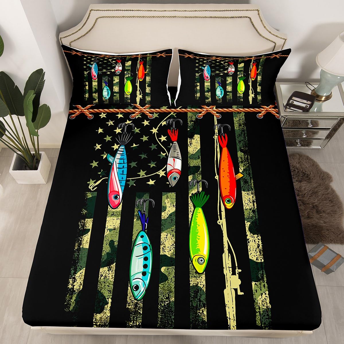 Castle Fairy Fishing Lure Bed Sheet Set King Size,Green Camouflage American Flag Deep Pocket Fitted Sheet,1 Flat,2 Pillowcases,Camo Fish Print Fisherman Gift Bed Mattress Cover, Bedroom Decor