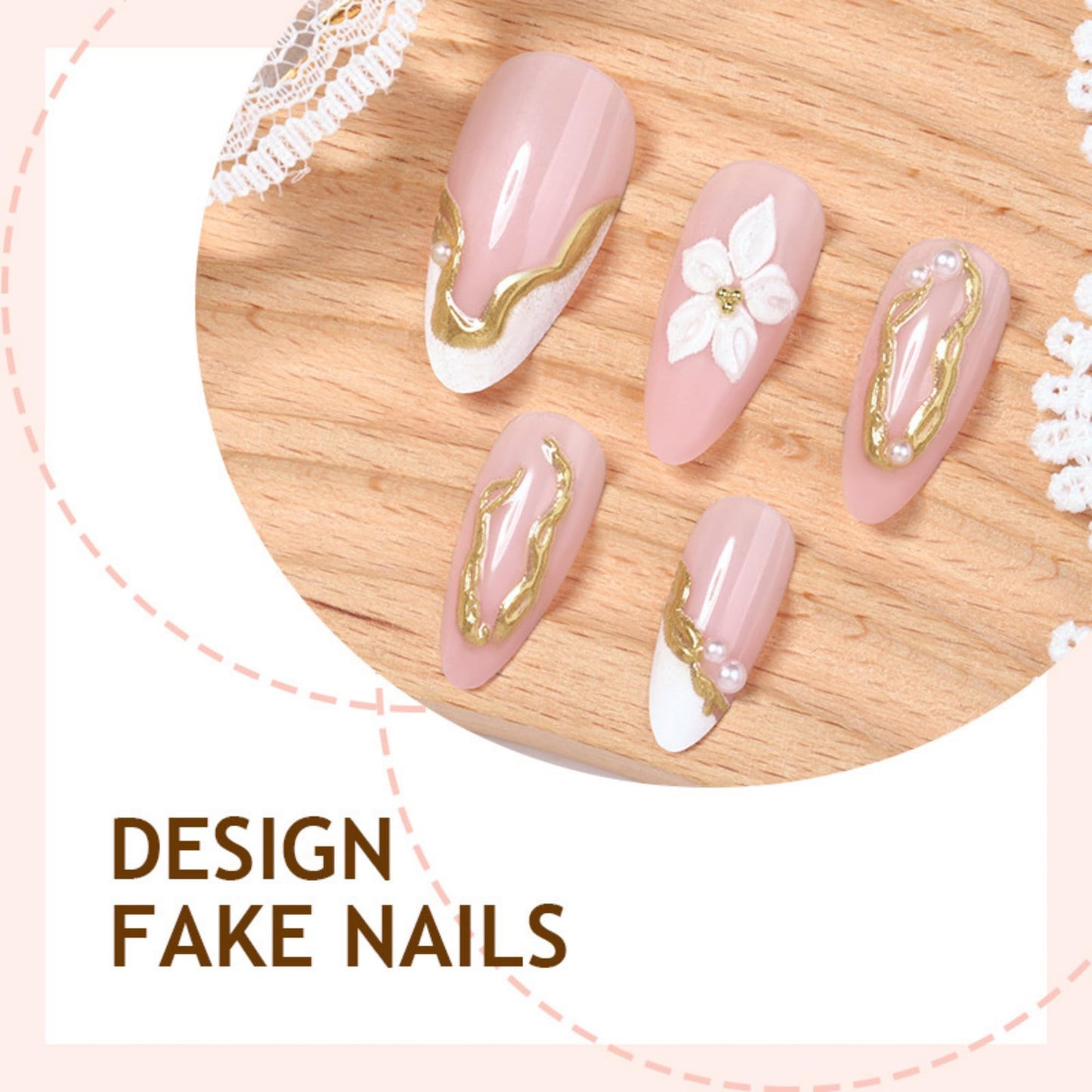 octoswave Press on Nails Medium Almond Fake Nails White French Artificial Nail Flowers Embossed and Pearl Stick on Nail for Women 24pcs