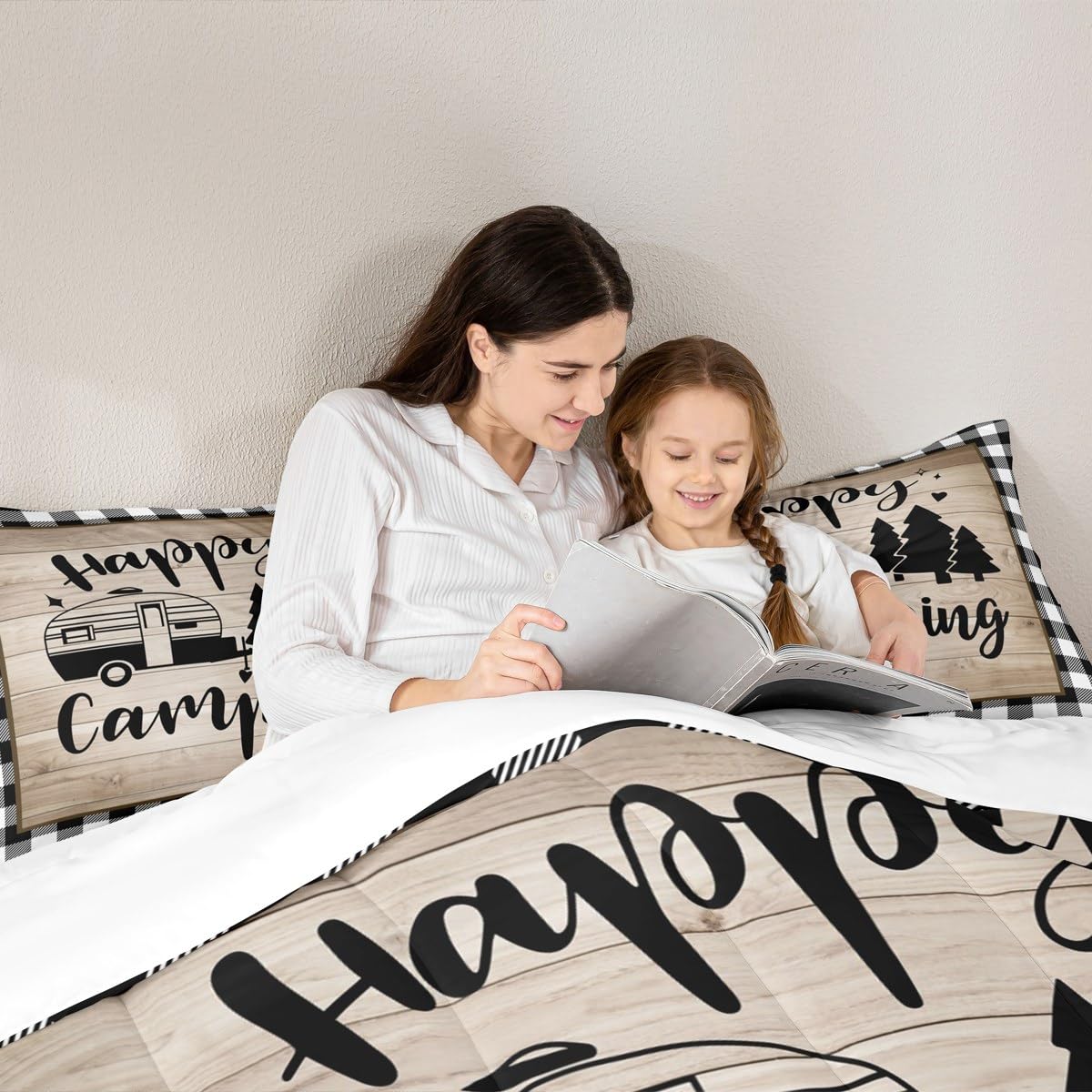 Grid Camper Comforter Set Queen Size for Kids Teens Adults Home Room Decor,Brown Rustic Farmhouse Barn Bedding Set 3pcs,Cartoon RV Trailer Pine Quilt Set Happy Camping Duvet Insert,2 Pillowcases