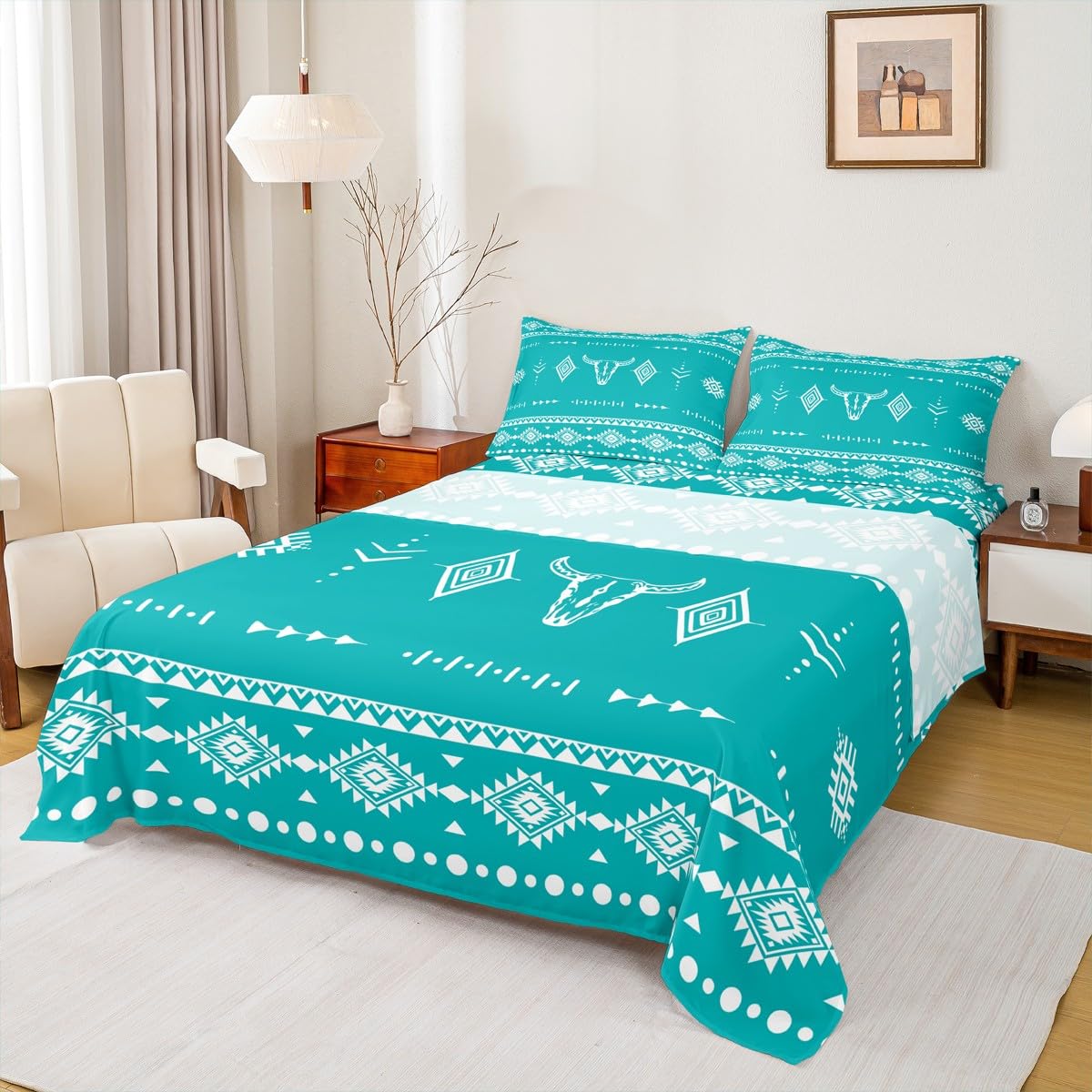 Erosebridal Bull Skull Full Size Bed Sheets Set, Western Cowboy Flat Fitted Sheet for Boys Girls Men Women Room Decor, Southwestern Native Bedding Set, Boho Aztec Ethnic Horns Bed Sets