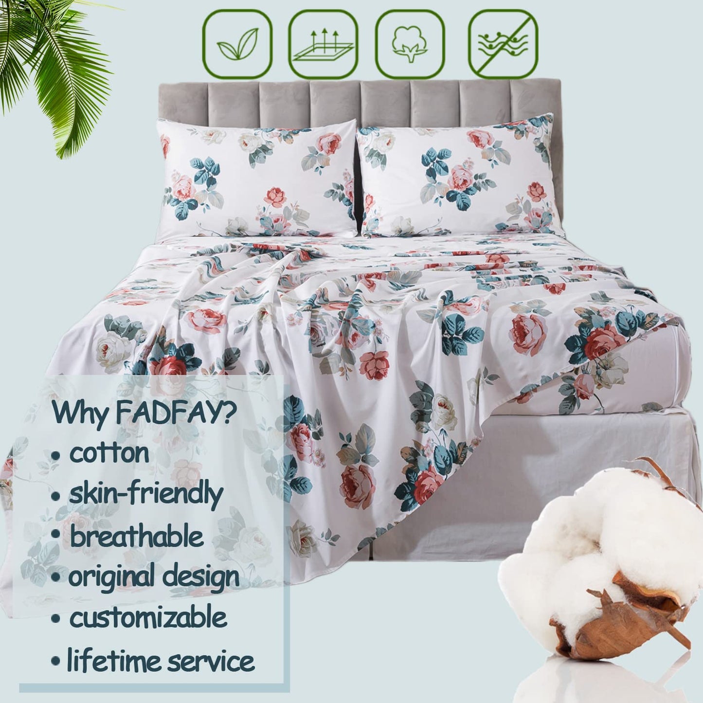 FADFAY Floral Cotton Sheets Queen 100% Cotton Flower Bed Sheets Pink White Dark Blue Leaf Print Shabby Vintage Sheet Set Chic Farmhouse Bedding Soft Crisp Breathable Deep Pocket Fitted Sheet 4Pcs
