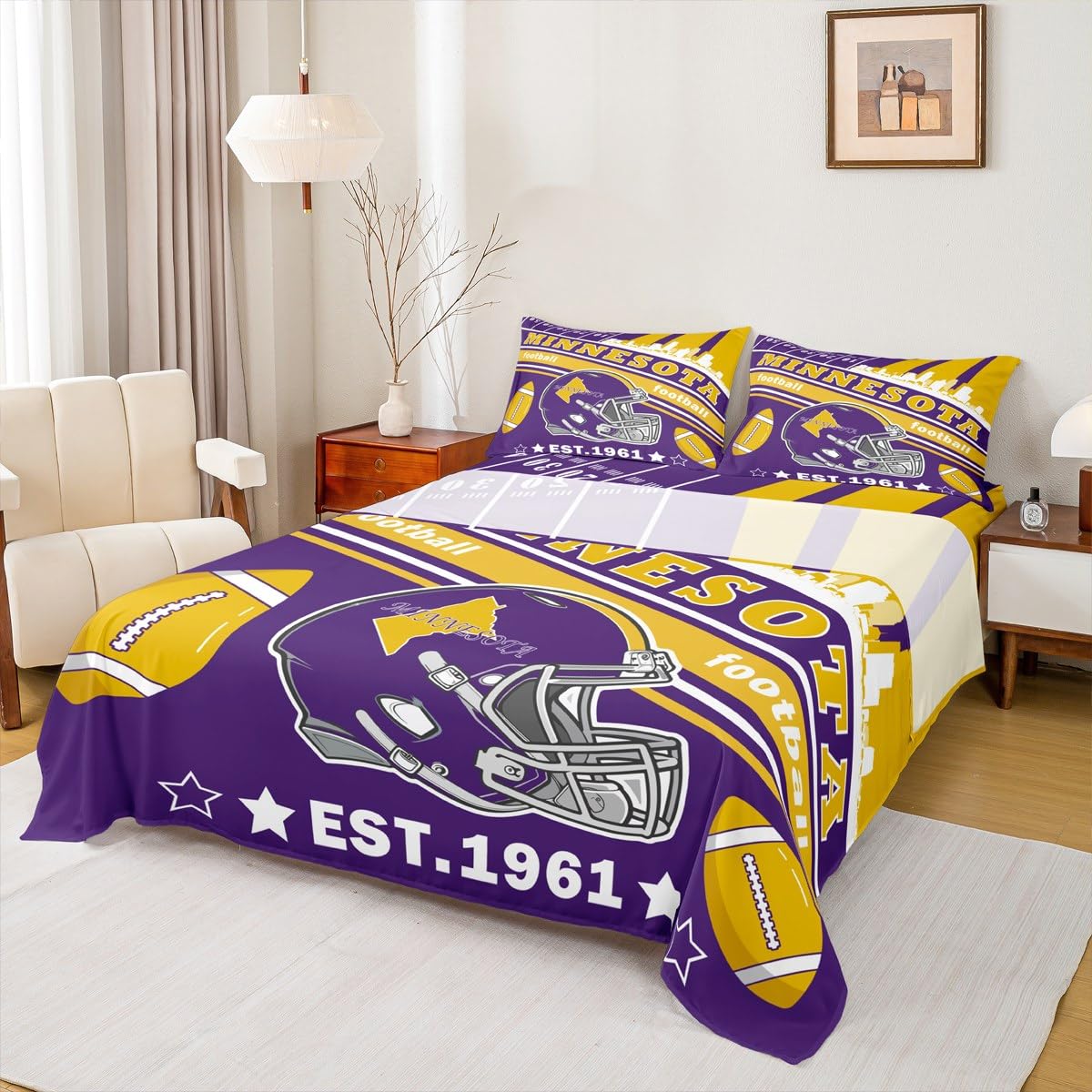Feelyou Football Bed Sheets Set Boys Teens Twin Size Women Men Rugby Sports Bedding Set Football City Fitted Sheet with 16 Inch Deep Pockets
