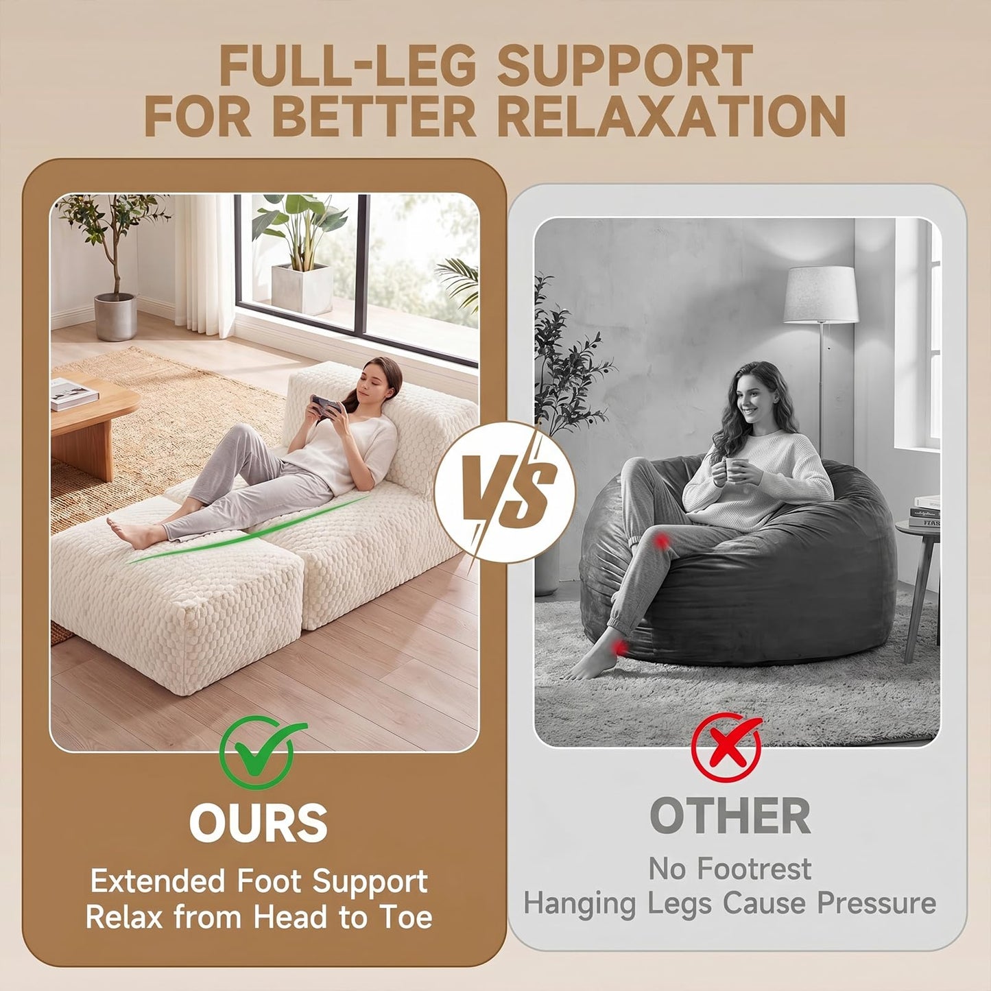 Gosopha Bean Bag Chair for Adults, Plush Beanbag Sofa Couch with Memory Foam Filler, Machine Washable Cover, Comfy Lounge Chair for Small Spaces, Reading, Gaming, Living Room & Bedroom Beige