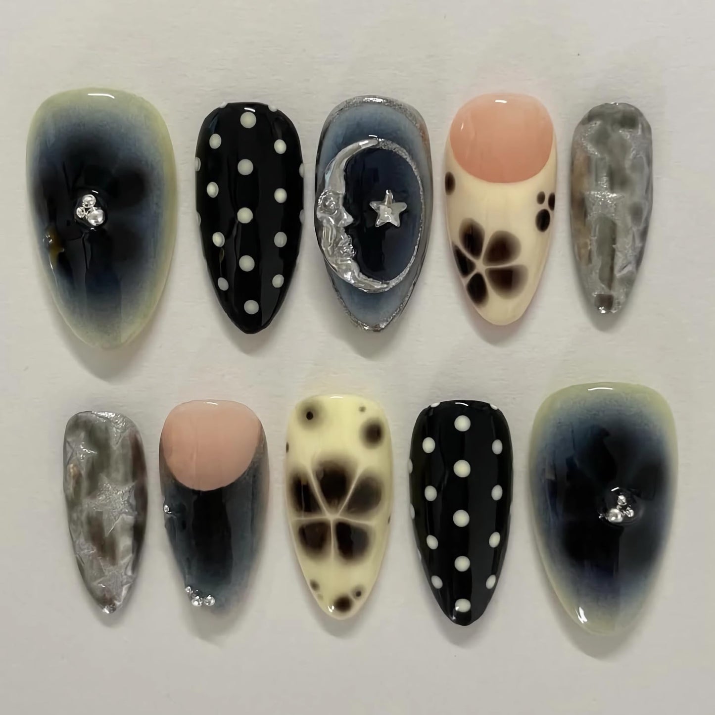 BABALAL Press on Nails Medium Almond Fake Nails Black Goth Glue ons Design Anime Flower Polka Dot Y2k Supplies Handmade Art 24Pcs Glossy Custom Full Cover Acrylic False Nails for Women Girls