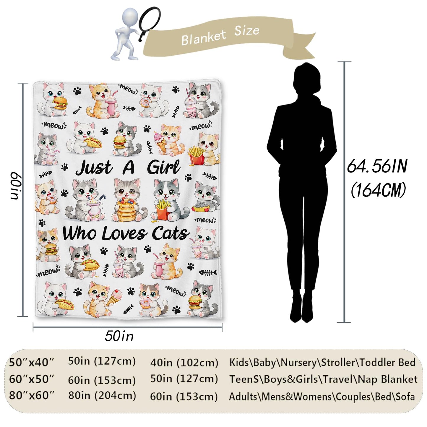 Ti Caldi Cute Cat Blanket Gifts, Adorable Kittens and Snacks Flannel Just A Girl Who Loves Throw Blanket for Couch, Bed, Travel & Home Decor, Cozy Lightweight Warm Blankets for Women Girls 60×50 in