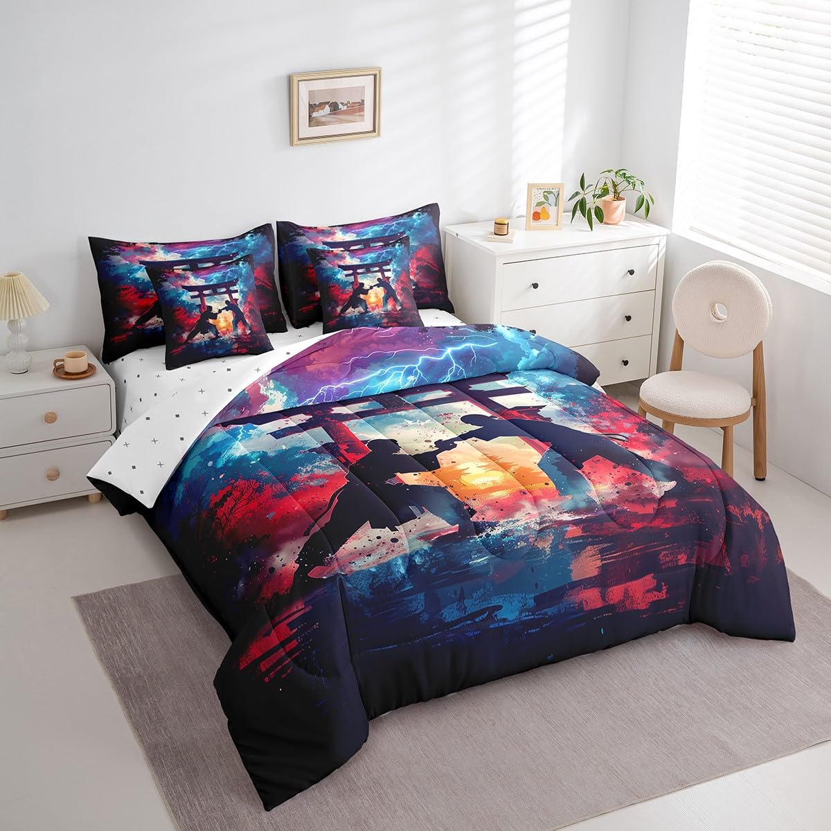 Erosebridal 7 Piece Japanese Style Full Comforter Set,Taekwondo Karate Sports Bedding Sets for Boys Kids Teens,Oriental Asian Style Kungfu Bed Set with Fitted Sheet,Flat Sheet,Pillowcases