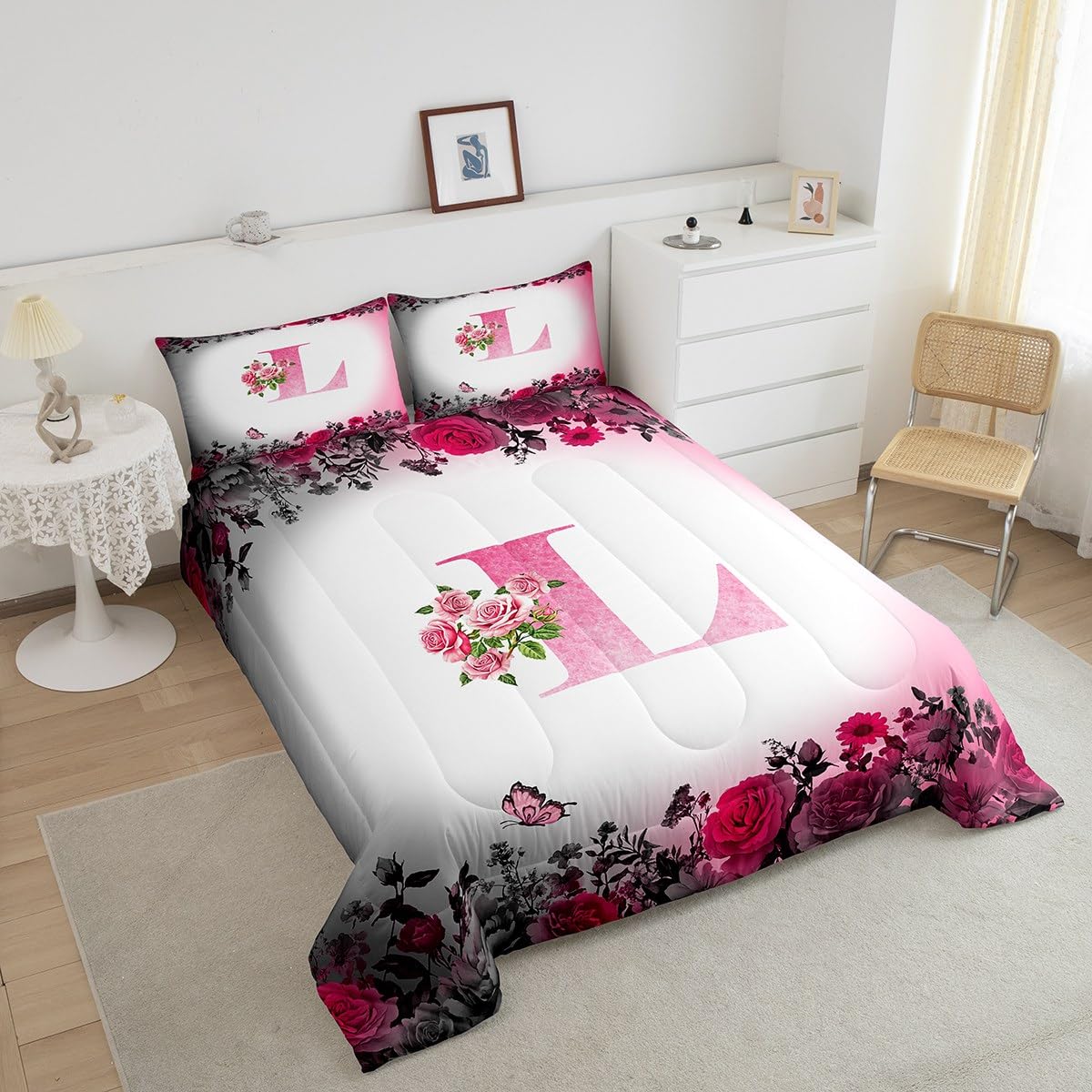 jejeloiu Letter Flowers Comforter Set Queen Size for Kids Teens Girls Woman Personalized Initial L Bedding Set Ultra Soft Monogrammed Duvet Quilt Black Pink Floral Rose Butterfly Duvet Modern Fashion
