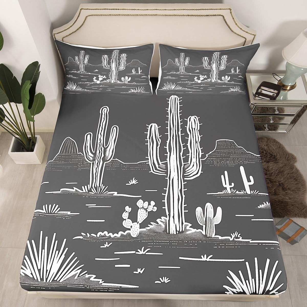 jejeloiu Western Bed Sheets Set Queen Size Desert Cactus Bed Set Gray Deep Pocket Fitted Sheet Vintage Southwest Breathable Soft Lightweight Microfiber