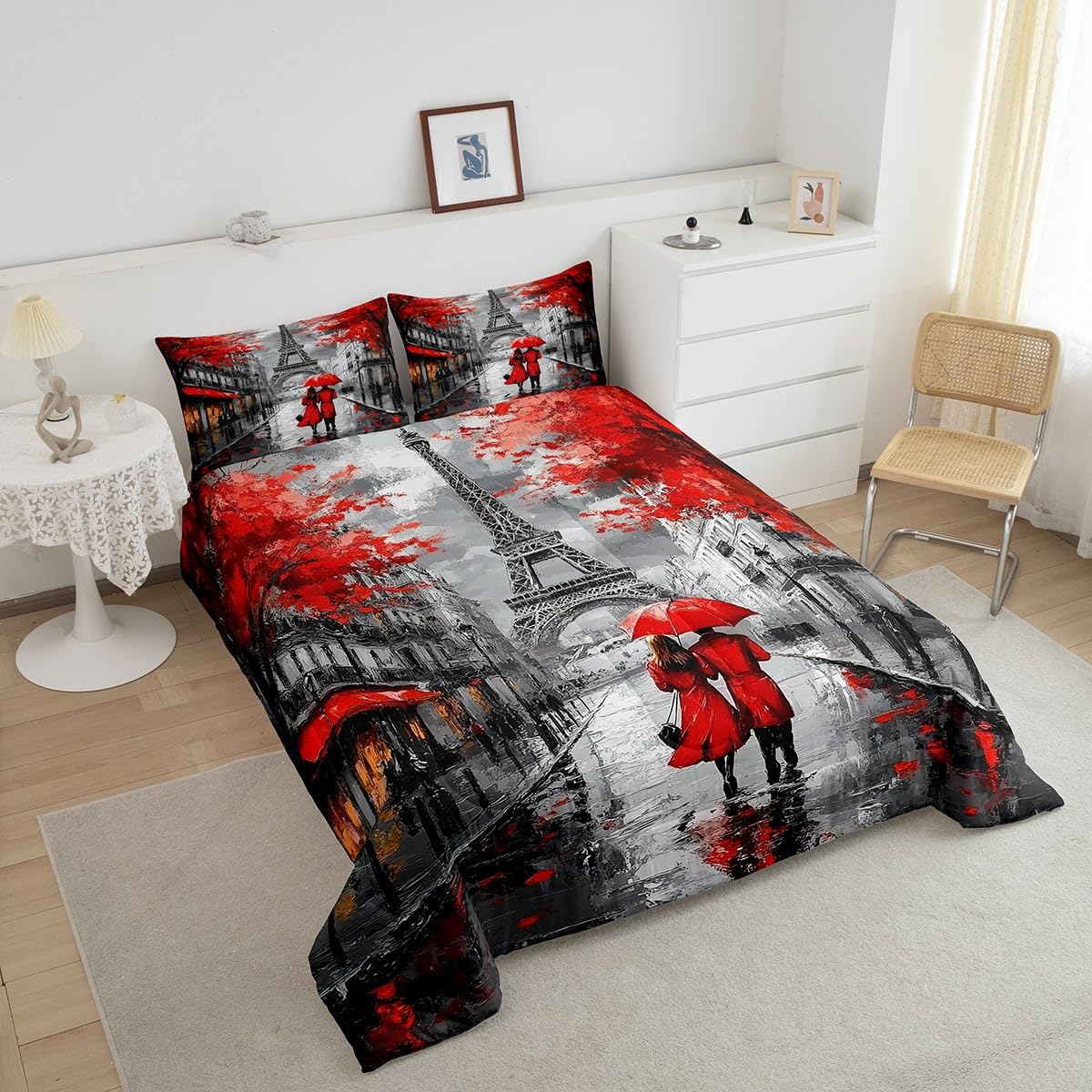 Red Paris Eiffel Tower Comforter Set Queen Size French Style Couple Lover Flower Bedding Sets For Girls Women Kids Quilted Duvet 1 Comforter + 2 Pillow Cases Romantic Bedroom Decor, Grey Black